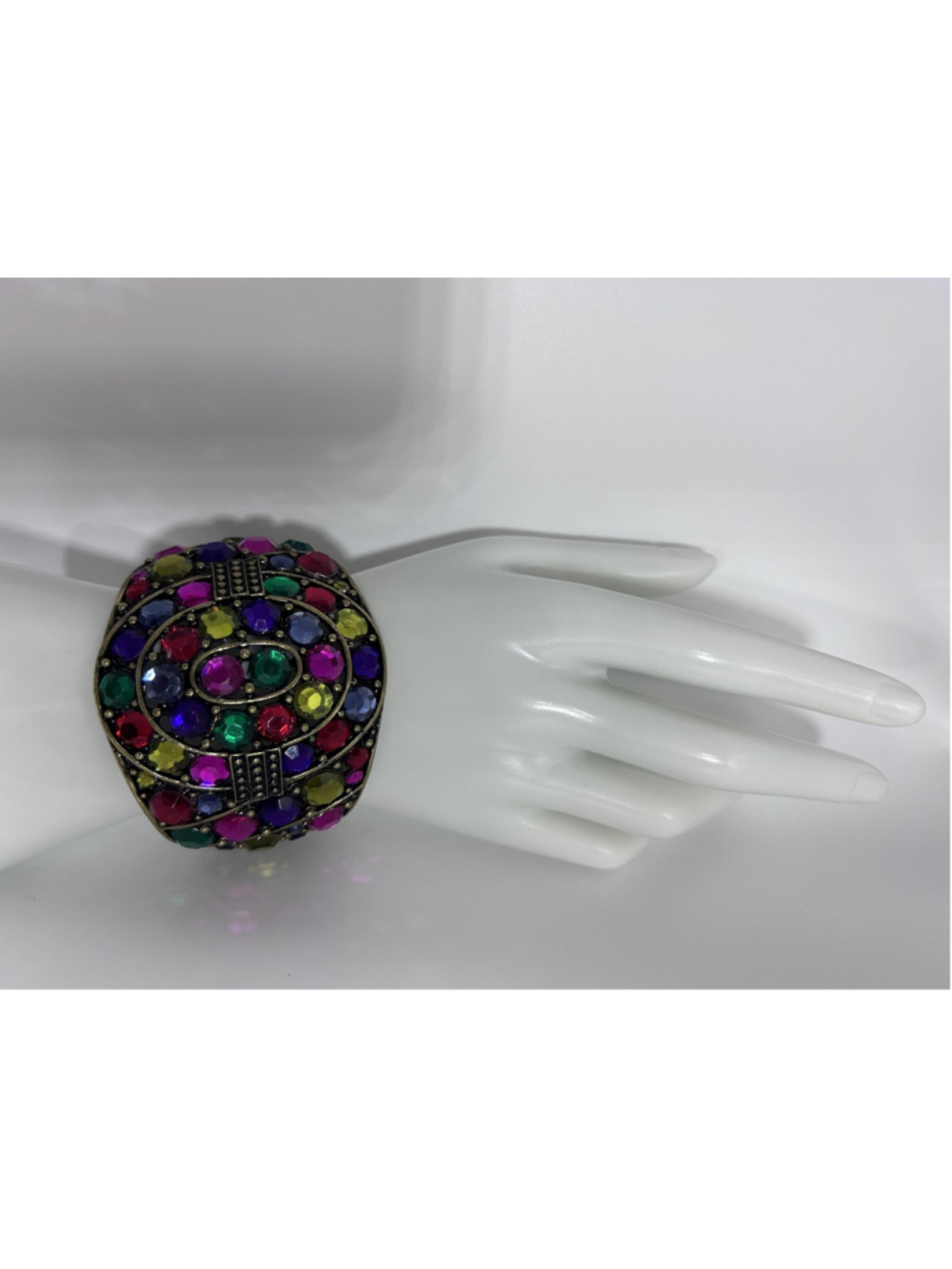 Bracelet Bronze Tone Multicolor Cuff Bohemian Rhinestone Glass Push Lock